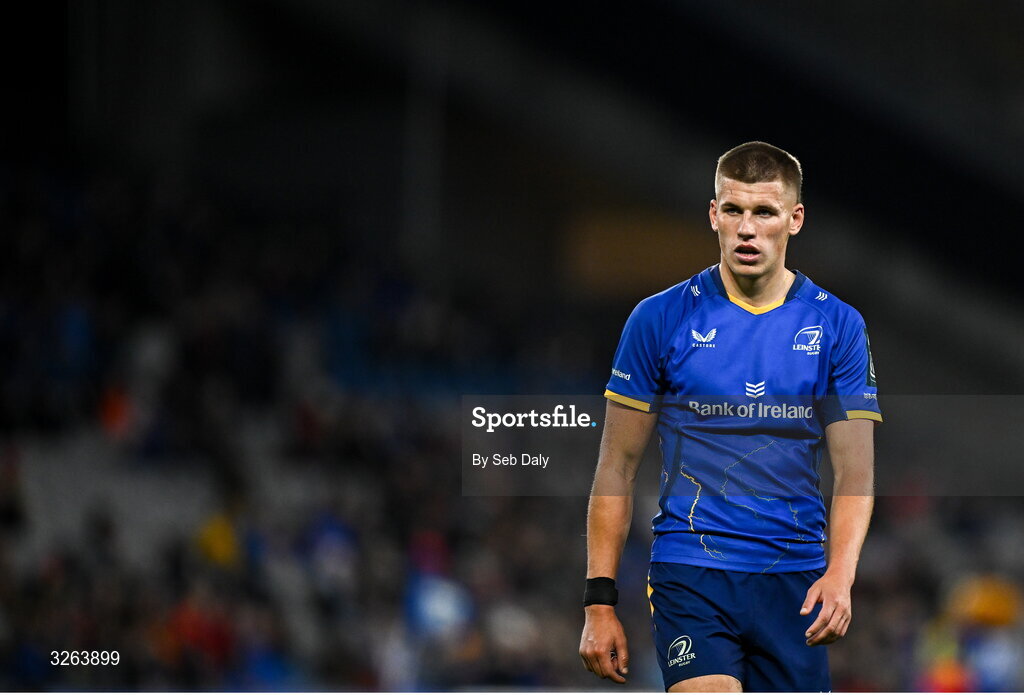 18 October 2025; Sam Prendergast of Leinster during the United Rugby Championship match between Leinster and Munster at Croke Park in Dublin. Photo by Seb Daly/Sportsfile