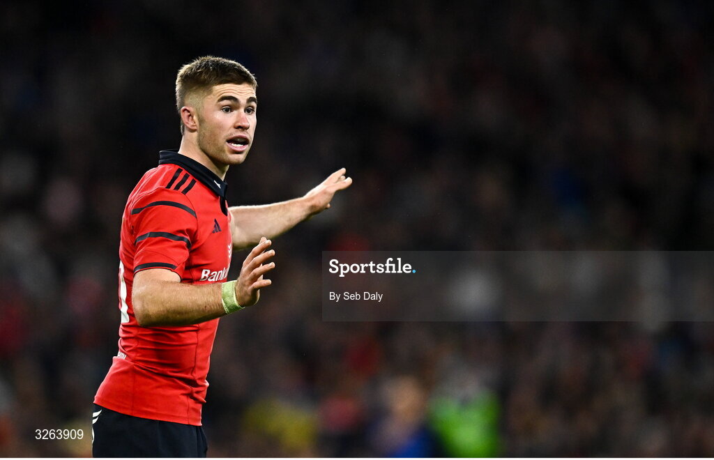 18 October 2025; Jack Crowley of Munster during the United Rugby Championship match between Leinster and Munster at Croke Park in Dublin. Photo by Seb Daly/Sportsfile
