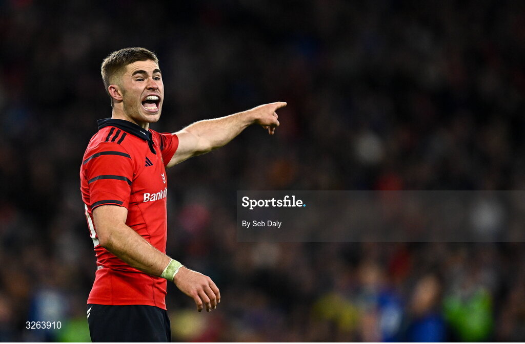 18 October 2025; Jack Crowley of Munster during the United Rugby Championship match between Leinster and Munster at Croke Park in Dublin. Photo by Seb Daly/Sportsfile