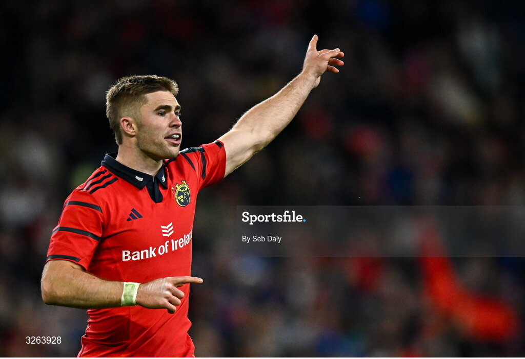 18 October 2025; Jack Crowley of Munster during the United Rugby Championship match between Leinster and Munster at Croke Park in Dublin. Photo by Seb Daly/Sportsfile