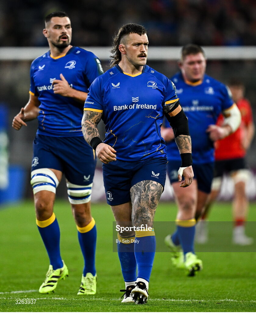 18 October 2025; Leinster players Andrew Porter, centre, and Max Deegan, left, during the United Rugby Championship match between Leinster and Munster at Croke Park in Dublin. Photo by Seb Daly/Sportsfile