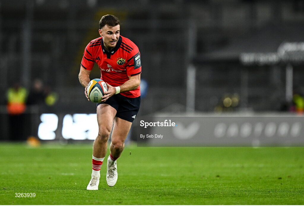 18 October 2025; Shane Daly of Munster during the United Rugby Championship match between Leinster and Munster at Croke Park in Dublin. Photo by Seb Daly/Sportsfile