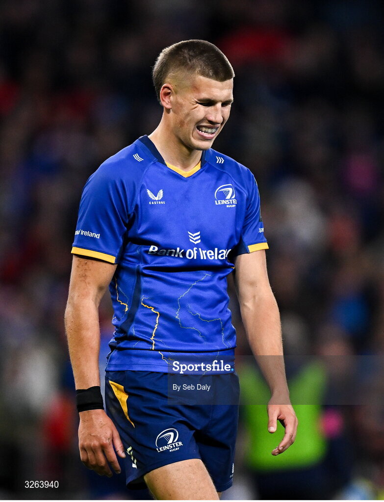 18 October 2025; Sam Prendergast of Leinster during the United Rugby Championship match between Leinster and Munster at Croke Park in Dublin. Photo by Seb Daly/Sportsfile