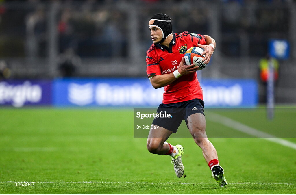 18 October 2025; Thaakir Abrahams of Munster during the United Rugby Championship match between Leinster and Munster at Croke Park in Dublin. Photo by Seb Daly/Sportsfile