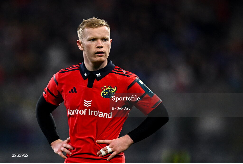 18 October 2025; Ethan Coughlan of Munster during the United Rugby Championship match between Leinster and Munster at Croke Park in Dublin. Photo by Seb Daly/Sportsfile