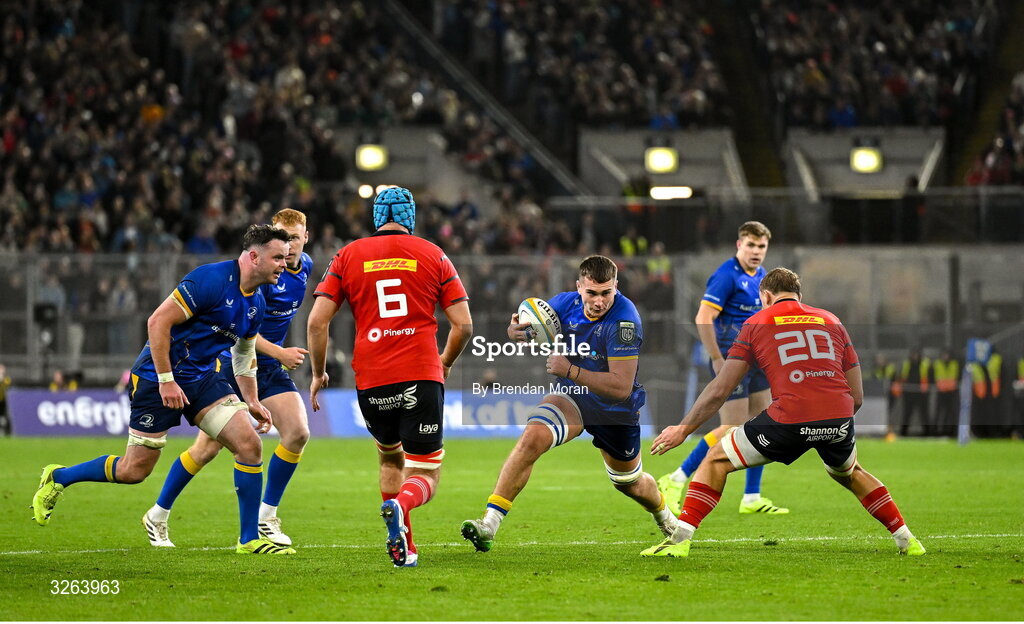 18 October 2025; Brian Deeny of Leinster in action against Gavin Coombes of Munster during the United Rugby Championship match between Leinster and Munster at Croke Park in Dublin. Photo by Brendan Moran/Sportsfile
