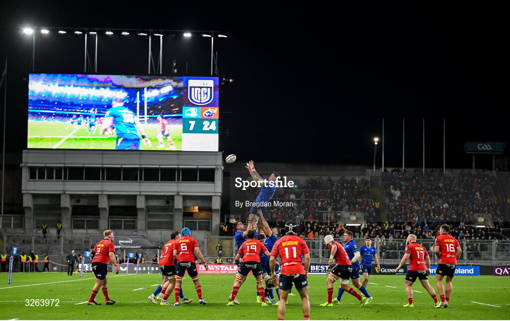 18 October 2025; James Ryan of Leinster takes the ball in a lineout during the United Rugby Championship match between Leinster and Munster at Croke Park in Dublin. Photo by Brendan Moran/Sportsfile