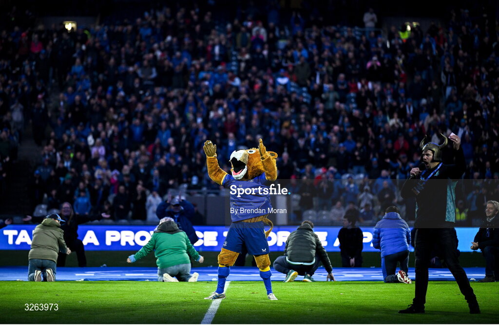 18 October 2025; Leinster mascot Leo the Lion before the United Rugby Championship match between Leinster and Munster at Croke Park in Dublin. Photo by Brendan Moran/Sportsfile
