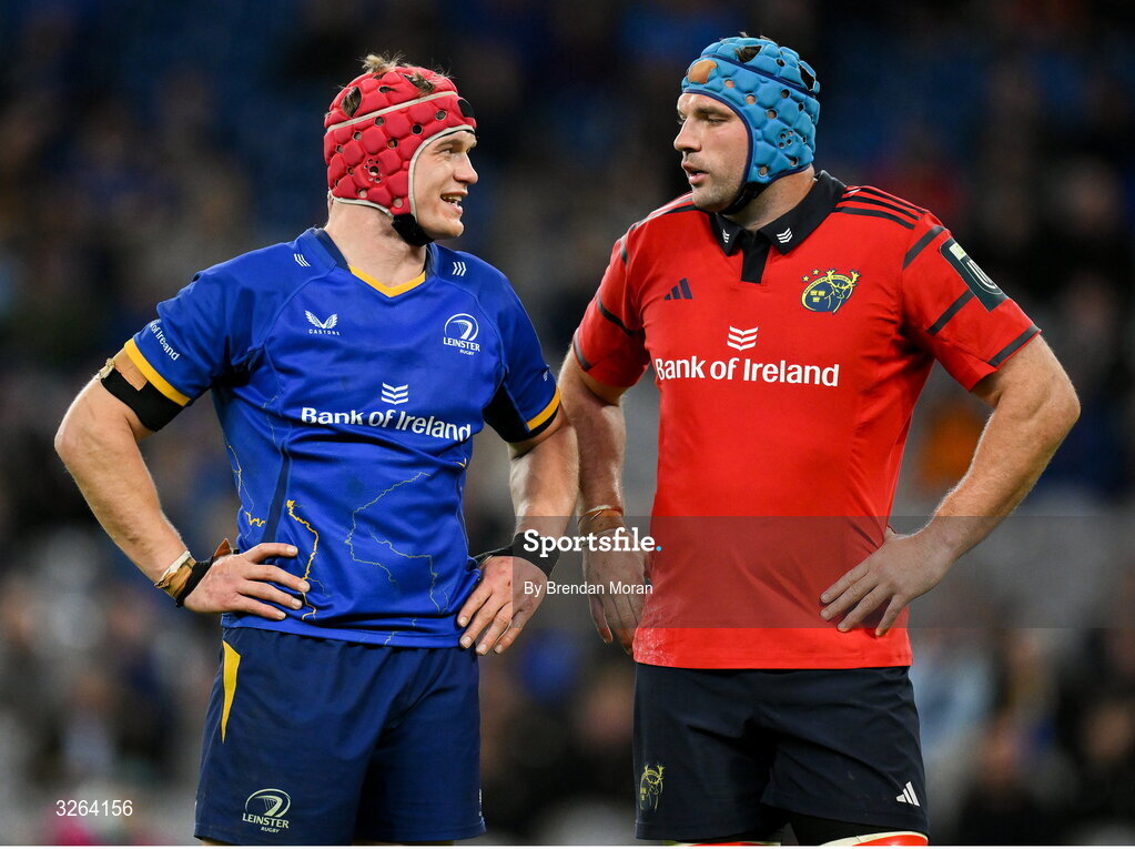 18 October 2025; Team captains Josh van der Flier of Leinster, left, and Tadhg Beirne of Munster during the United Rugby Championship match between Leinster and Munster at Croke Park in Dublin. Photo by Brendan Moran/Sportsfile
