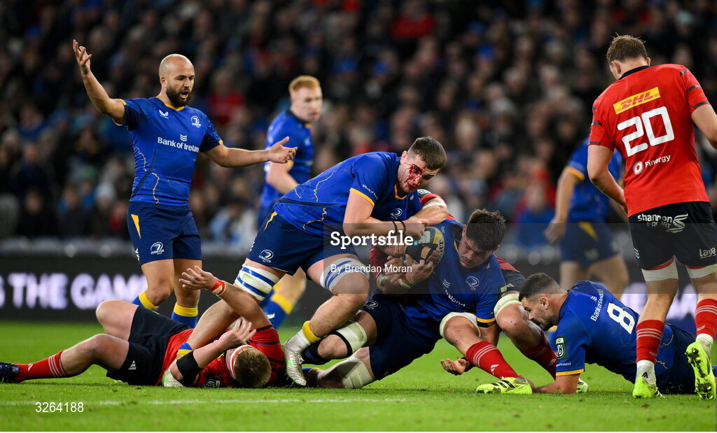 18 October 2025; Brian Deeny and Alex Soroka of Leinster cgarge for the line during the United Rugby Championship match between Leinster and Munster at Croke Park in Dublin. Photo by Brendan Moran/Sportsfile