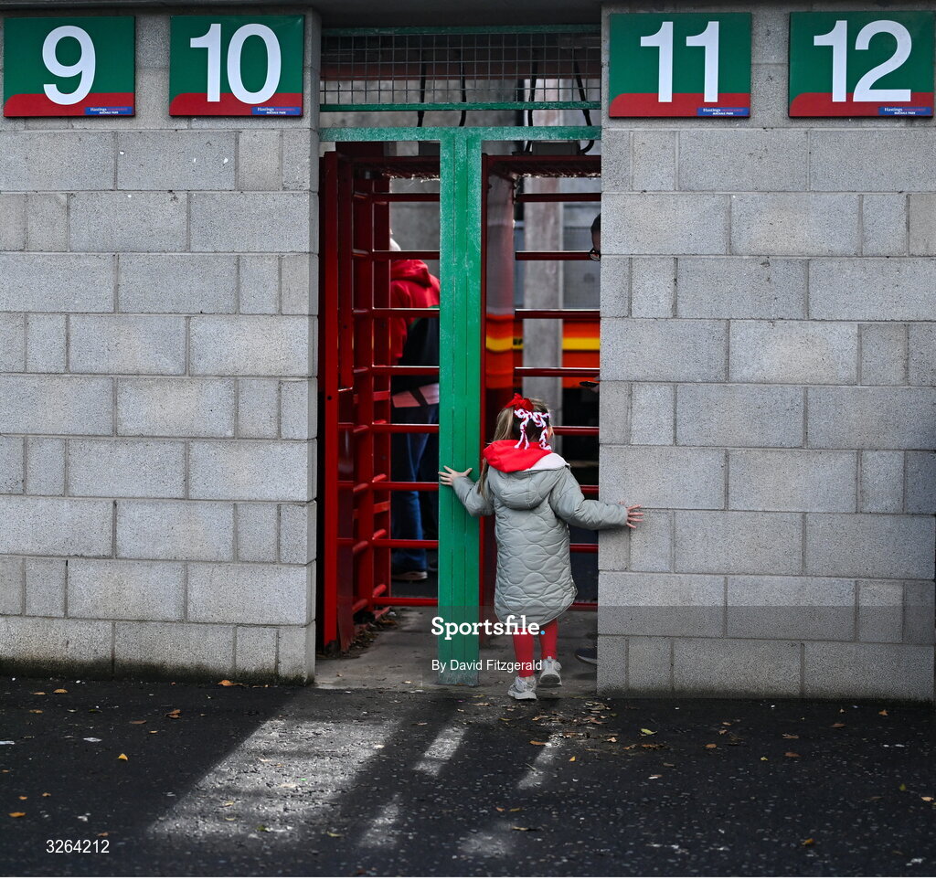 19 October 2025; A young supporter enters the ground before the Mayo County Senior Club Football Championship final match between Ballina Stephenites and Westport at Hastings Insurance MacHale Park in Castlebar, Mayo. Photo by David Fitzgerald/Sportsfile