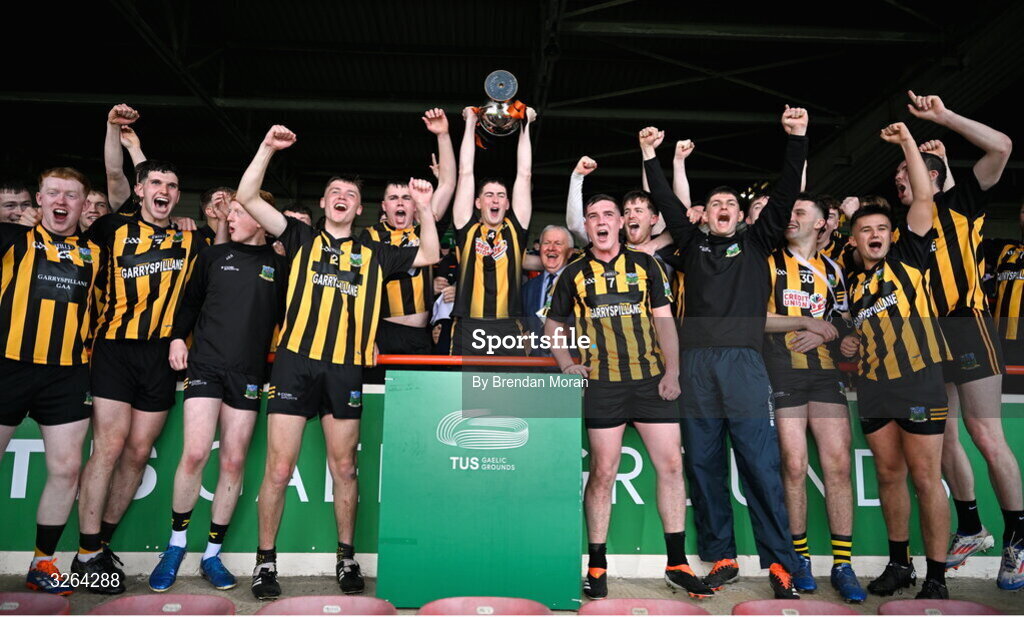 19 October 2025; Garryspillane captain Colin Ryan and teammates celebrate with the cup after the Limerick Premier Intermediate Hurling final match between Garryspilane and Effin at TUS Gaelic Grounds in Limerick. Photo by Brendan Moran/Sportsfile