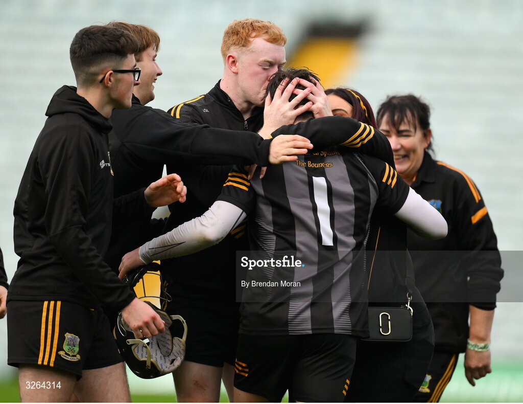 19 October 2025; Garryspillane goalkeeper Adam Sheehan is congratulated by teammates and supporters after the Limerick Premier Intermediate Hurling final match between Garryspilane and Effin at TUS Gaelic Grounds in Limerick. Photo by Brendan Moran/Sportsfile