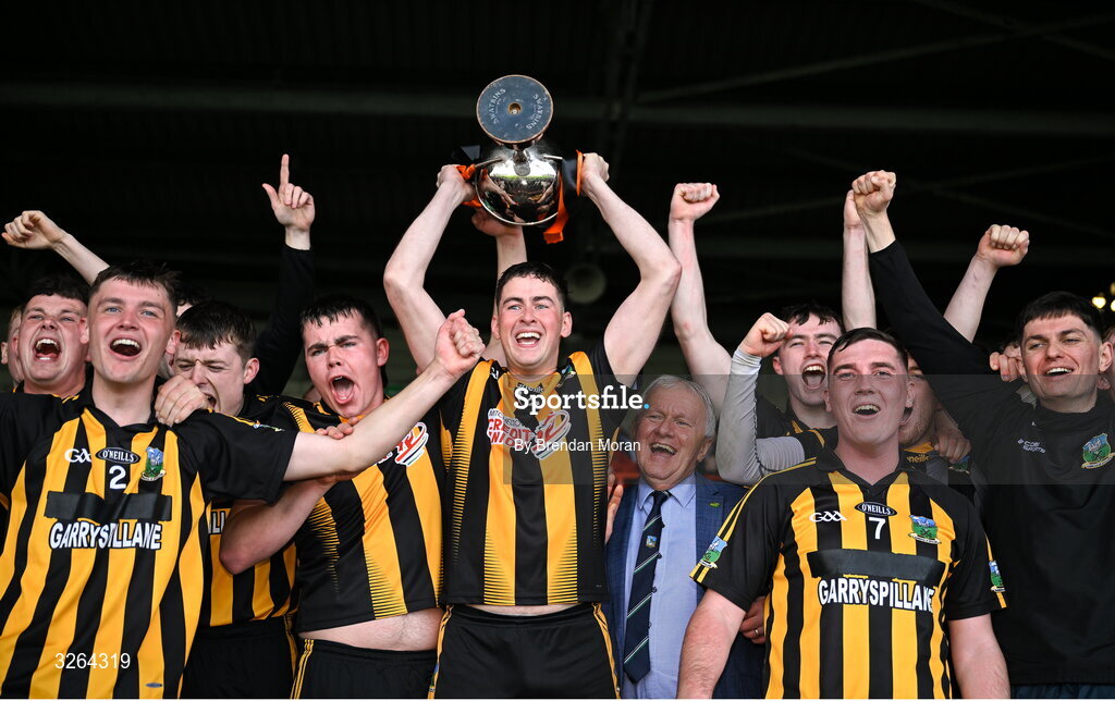 19 October 2025; Garryspillane captain Colin Ryan and teammates celebrate with the cup after the Limerick Premier Intermediate Hurling final match between Garryspilane and Effin at TUS Gaelic Grounds in Limerick. Photo by Brendan Moran/Sportsfile