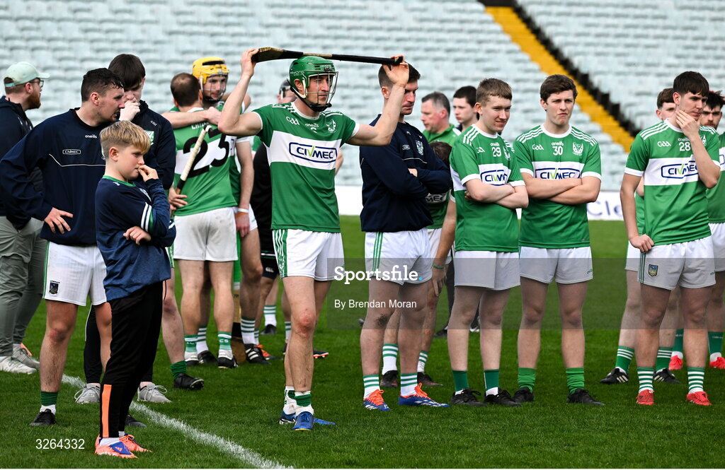 19 October 2025; A dejected Nickie Quaid of Effin, 6, and his teamates after the Limerick Premier Intermediate Hurling final match between Garryspilane and Effin at TUS Gaelic Grounds in Limerick. Photo by Brendan Moran/Sportsfile