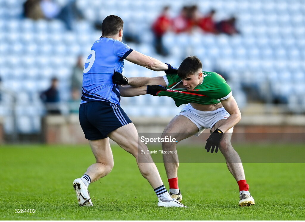 19 October 2025; Lee Keegan of Westport and Frank Irwin of Ballina Stephenites tussle during the Mayo County Senior Club Football Championship final match between Ballina Stephenites and Westport at Hastings Insurance MacHale Park in Castlebar, Mayo. Photo by David Fitzgerald/Sportsfile