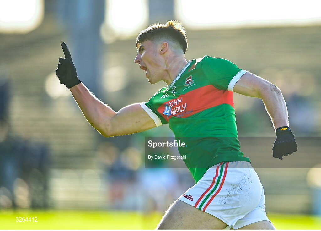 19 October 2025; Frank Irwin of Ballina Stephenites celebrates after kicking a point during the Mayo County Senior Club Football Championship final match between Ballina Stephenites and Westport at Hastings Insurance MacHale Park in Castlebar, Mayo. Photo by David Fitzgerald/Sportsfile