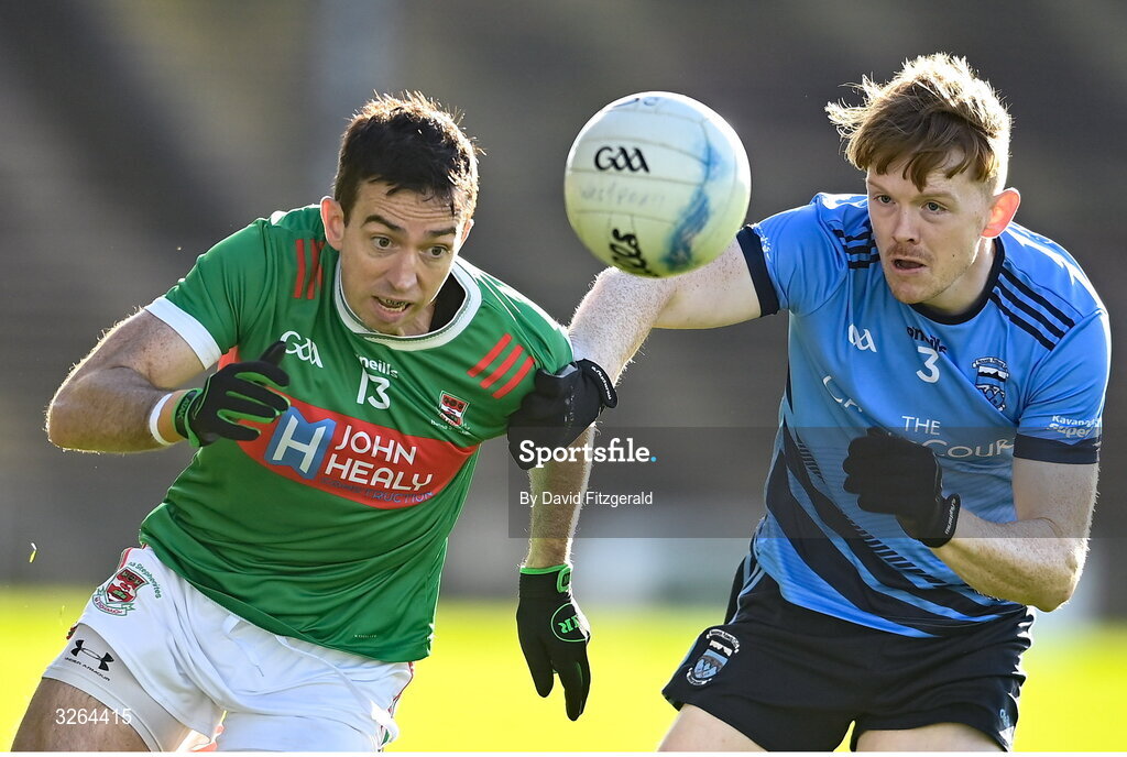 19 October 2025; Evan Regan of Ballina Stephenites in action against Niall McManamon of Westport during the Mayo County Senior Club Football Championship final match between Ballina Stephenites and Westport at Hastings Insurance MacHale Park in Castlebar, Mayo. Photo by David Fitzgerald/Sportsfile