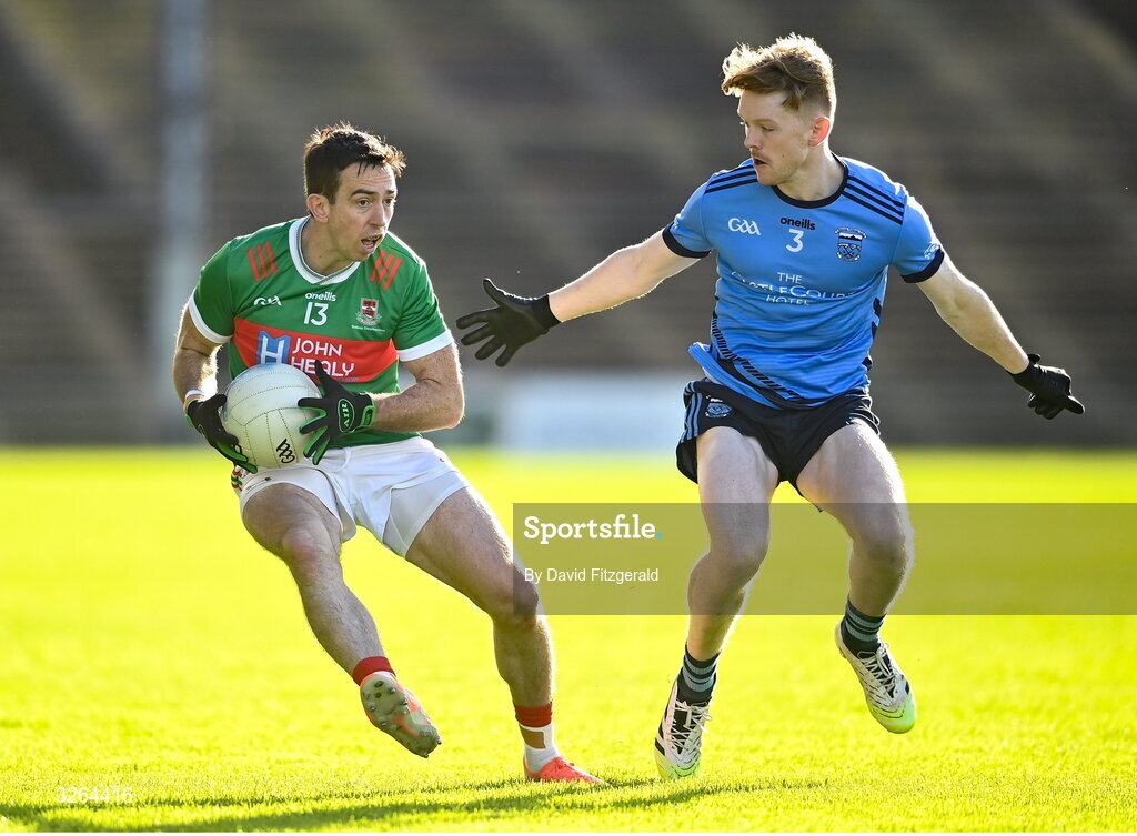 19 October 2025; Evan Regan of Ballina Stephenites in action against Niall McManamon of Westport during the Mayo County Senior Club Football Championship final match between Ballina Stephenites and Westport at Hastings Insurance MacHale Park in Castlebar, Mayo. Photo by David Fitzgerald/Sportsfile