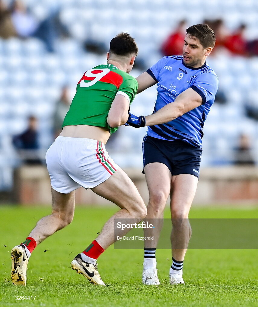19 October 2025; Lee Keegan of Westport and Frank Irwin of Ballina Stephenites tussle during the Mayo County Senior Club Football Championship final match between Ballina Stephenites and Westport at Hastings Insurance MacHale Park in Castlebar, Mayo. Photo by David Fitzgerald/Sportsfile