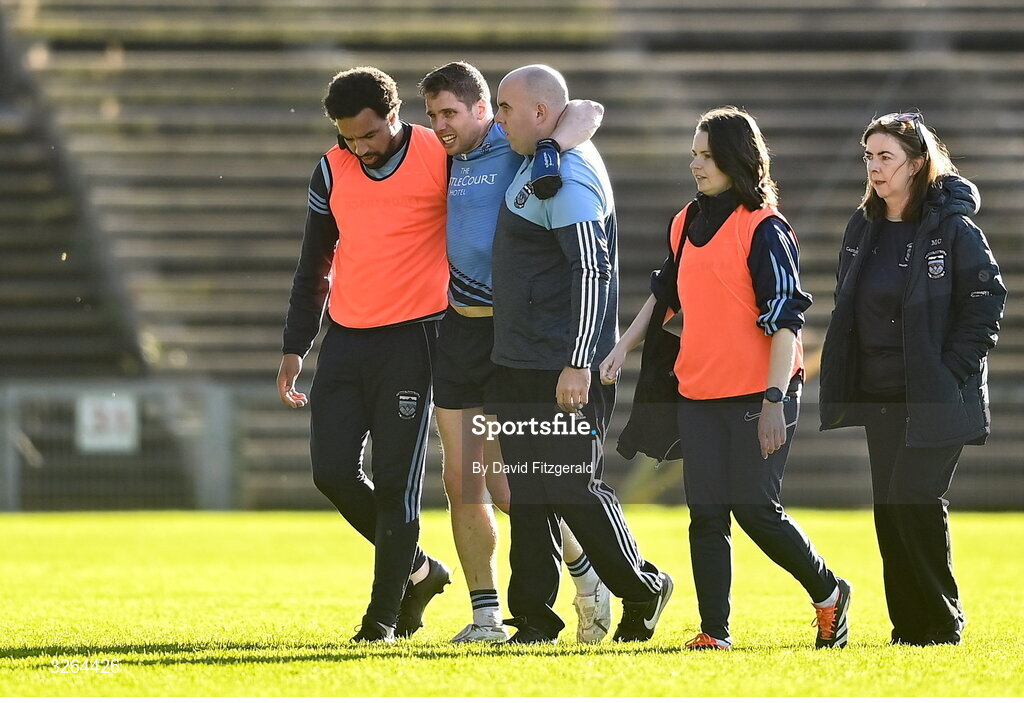 19 October 2025; Lee Keegan of Westport is helped off after sustaining an injury during the Mayo County Senior Club Football Championship final match between Ballina Stephenites and Westport at Hastings Insurance MacHale Park in Castlebar, Mayo. Photo by David Fitzgerald/Sportsfile