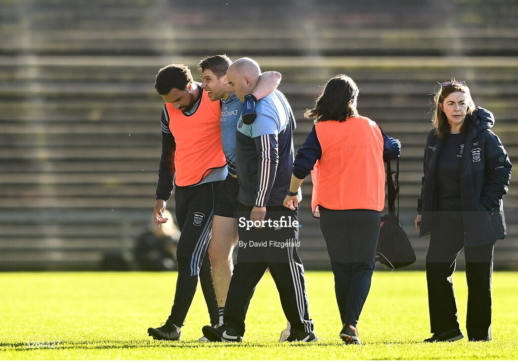 19 October 2025; Lee Keegan of Westport is helped off after sustaining an injury during the Mayo County Senior Club Football Championship final match between Ballina Stephenites and Westport at Hastings Insurance MacHale Park in Castlebar, Mayo. Photo by David Fitzgerald/Sportsfile
