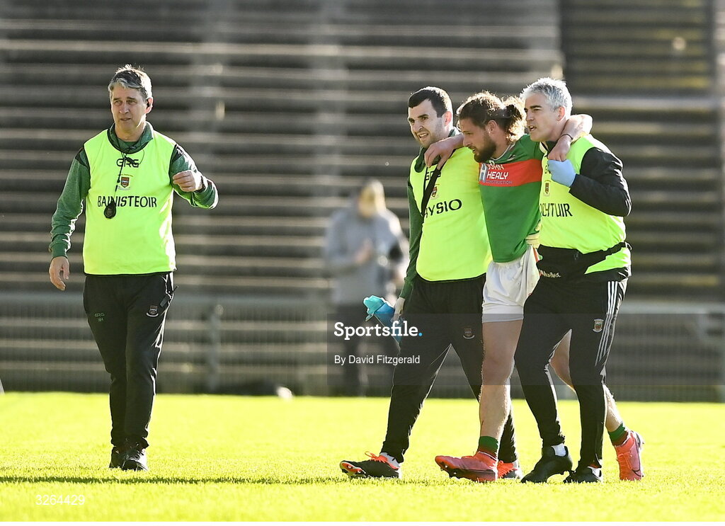 19 October 2025; Padraig O'Hora of Ballina Stephenites is helped off after sustaining an injury during the Mayo County Senior Club Football Championship final match between Ballina Stephenites and Westport at Hastings Insurance MacHale Park in Castlebar, Mayo. Photo by David Fitzgerald/Sportsfile
