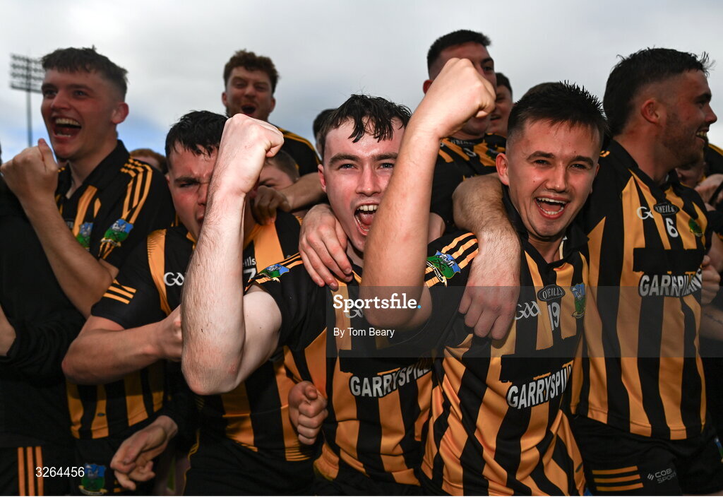 19 October 2025; Colin Ryan, centre, and Cian Ryan of Garyspillane celebrate after their side’s victory in the Limerick Premier Intermediate Hurling final match between Garryspilane and Effin at TUS Gaelic Grounds in Limerick. Photo by Tom Beary/Sportsfile