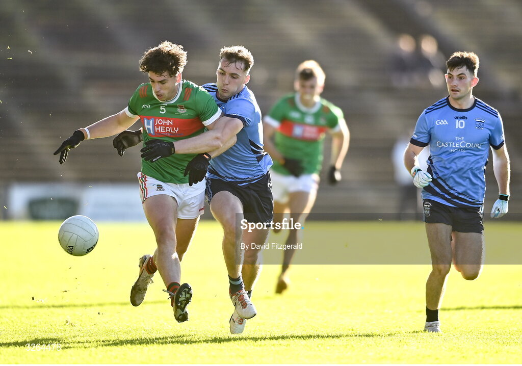 19 October 2025; Sam Callinan of Ballina Stephenites in action against Eoghan McLaughlin of Westport during the Mayo County Senior Club Football Championship final match between Ballina Stephenites and Westport at Hastings Insurance MacHale Park in Castlebar, Mayo. Photo by David Fitzgerald/Sportsfile