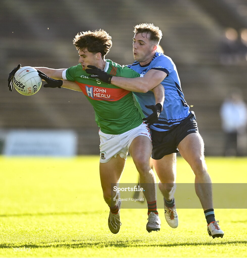 19 October 2025; Sam Callinan of Ballina Stephenites in action against Eoghan McLaughlin of Westport during the Mayo County Senior Club Football Championship final match between Ballina Stephenites and Westport at Hastings Insurance MacHale Park in Castlebar, Mayo. Photo by David Fitzgerald/Sportsfile