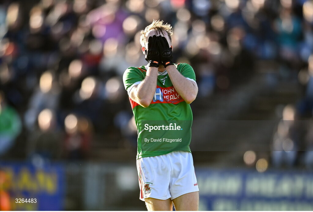 19 October 2025; David Tighe of Ballina Stephenites reacts after hitting the post from a goal opportunity during the Mayo County Senior Club Football Championship final match between Ballina Stephenites and Westport at Hastings Insurance MacHale Park in Castlebar, Mayo. Photo by David Fitzgerald/Sportsfile