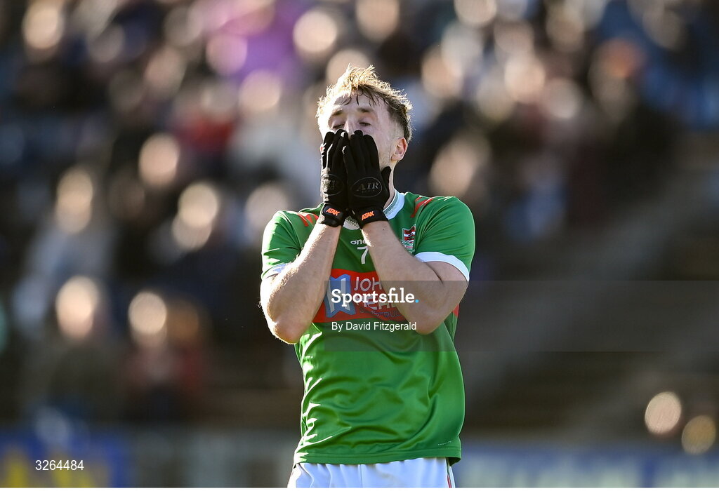 19 October 2025; David Tighe of Ballina Stephenites reacts after hitting the post from a goal opportunity during the Mayo County Senior Club Football Championship final match between Ballina Stephenites and Westport at Hastings Insurance MacHale Park in Castlebar, Mayo. Photo by David Fitzgerald/Sportsfile