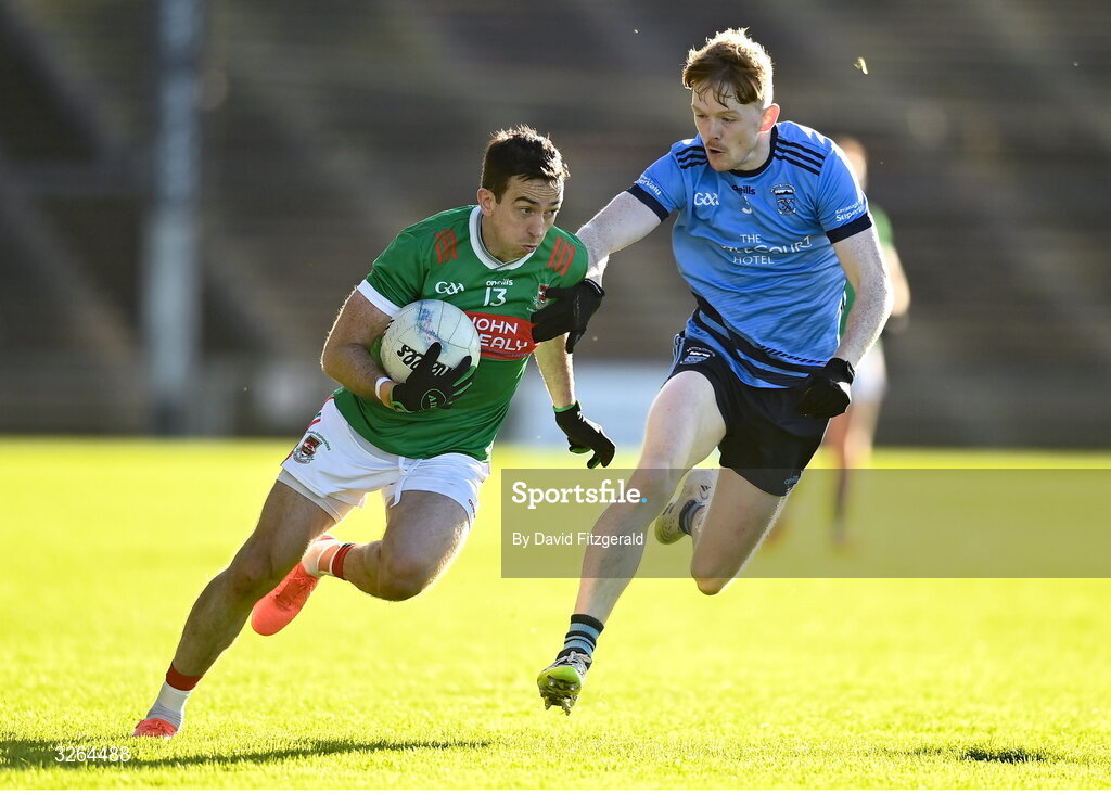 19 October 2025; Evan Regan of Ballina Stephenites in action against Niall McManamon of Westport during the Mayo County Senior Club Football Championship final match between Ballina Stephenites and Westport at Hastings Insurance MacHale Park in Castlebar, Mayo. Photo by David Fitzgerald/Sportsfile