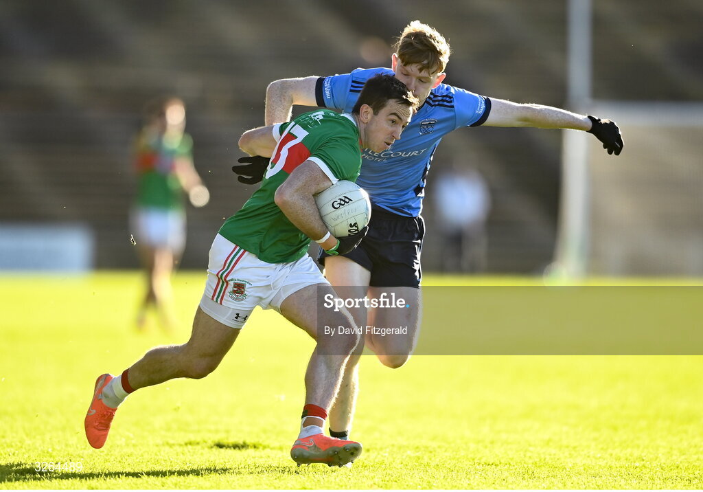19 October 2025; Evan Regan of Ballina Stephenites in action against Niall McManamon of Westport during the Mayo County Senior Club Football Championship final match between Ballina Stephenites and Westport at Hastings Insurance MacHale Park in Castlebar, Mayo. Photo by David Fitzgerald/Sportsfile