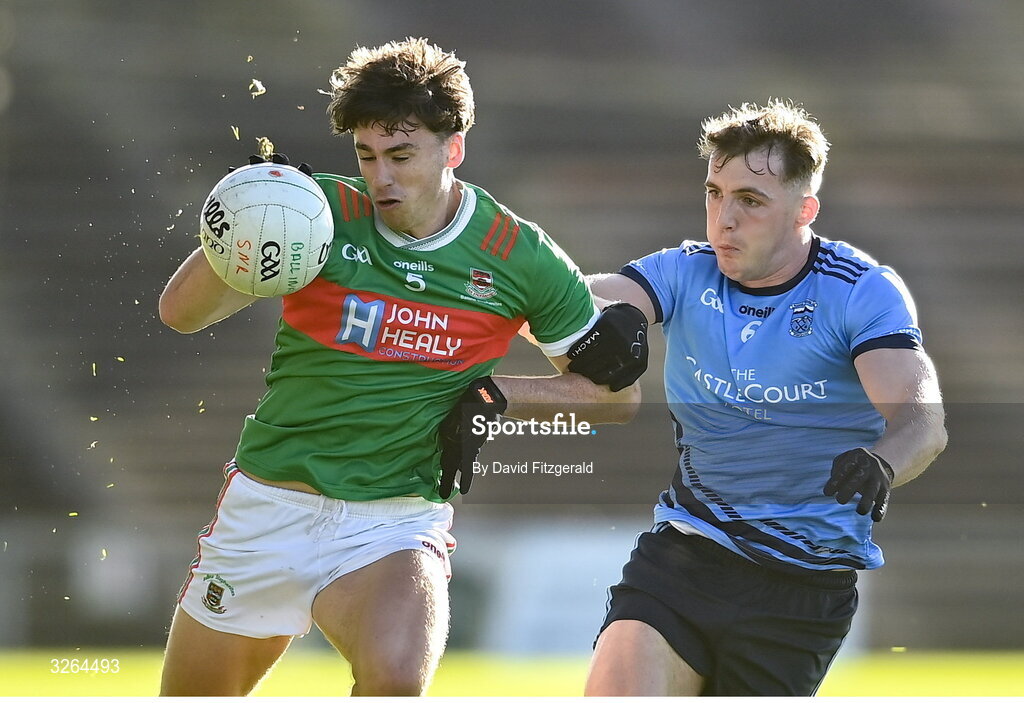 19 October 2025; Sam Callinan of Ballina Stephenites in action against Eoghan McLaughlin of Westport during the Mayo County Senior Club Football Championship final match between Ballina Stephenites and Westport at Hastings Insurance MacHale Park in Castlebar, Mayo. Photo by David Fitzgerald/Sportsfile