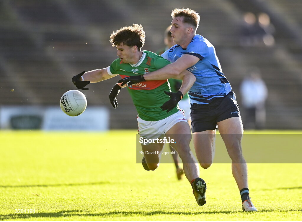 19 October 2025; Sam Callinan of Ballina Stephenites in action against Eoghan McLaughlin of Westport during the Mayo County Senior Club Football Championship final match between Ballina Stephenites and Westport at Hastings Insurance MacHale Park in Castlebar, Mayo. Photo by David Fitzgerald/Sportsfile