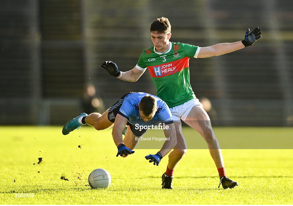 19 October 2025; Finnbar McLaughlin of Westport in action against Luke Jordan of Ballina Stephenites during the Mayo County Senior Club Football Championship final match between Ballina Stephenites and Westport at Hastings Insurance MacHale Park in Castlebar, Mayo. Photo by David Fitzgerald/Sportsfile