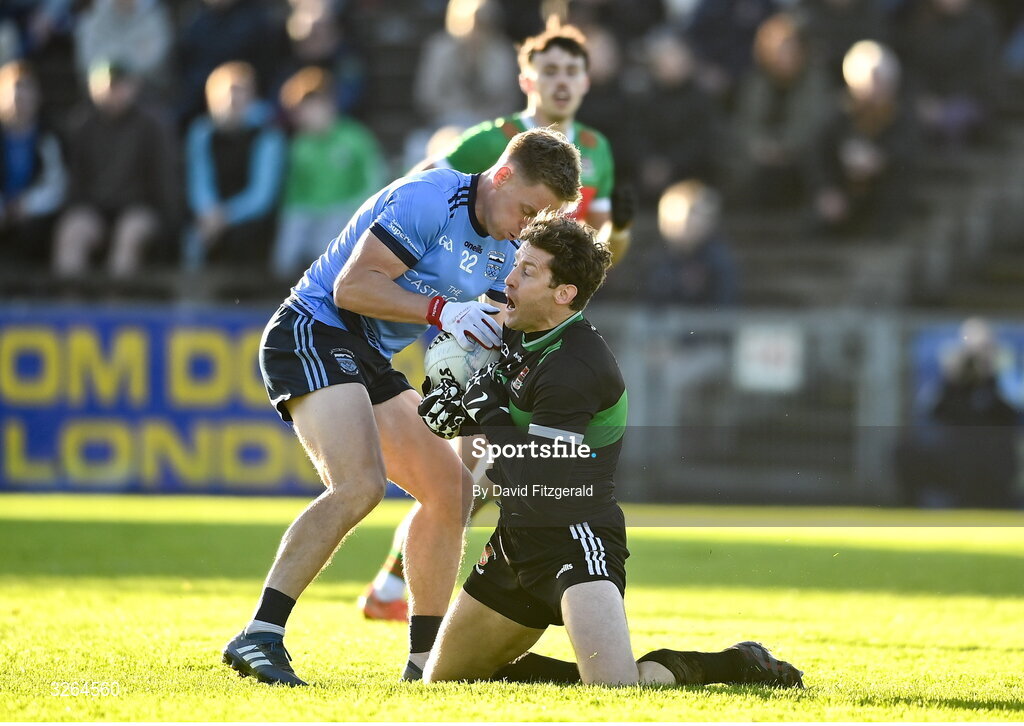 19 October 2025; Kevin Keane of Westport in action against Ballina Stephenites goalkeeper David Clarke during the Mayo County Senior Club Football Championship final match between Ballina Stephenites and Westport at Hastings Insurance MacHale Park in Castlebar, Mayo. Photo by David Fitzgerald/Sportsfile