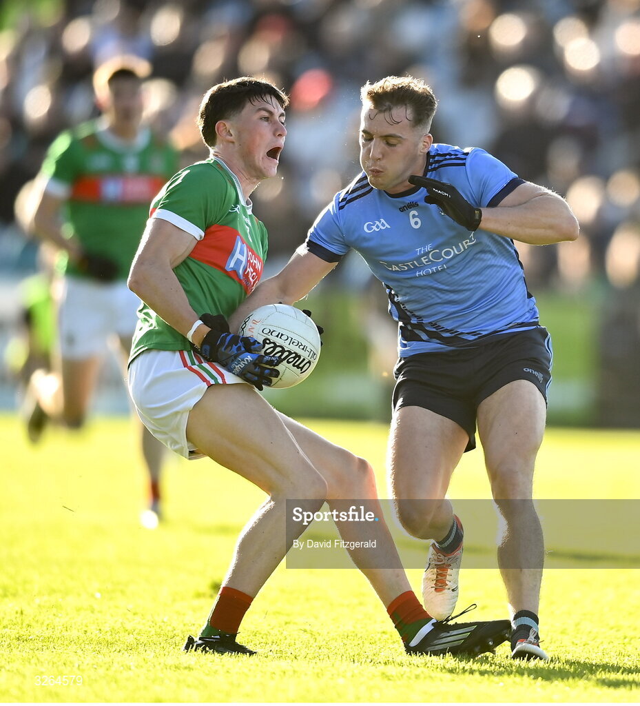 19 October 2025; Luke Jordan of Ballina Stephenites in action against Eoghan McLaughlin of Westport during the Mayo County Senior Club Football Championship final match between Ballina Stephenites and Westport at Hastings Insurance MacHale Park in Castlebar, Mayo. Photo by David Fitzgerald/Sportsfile