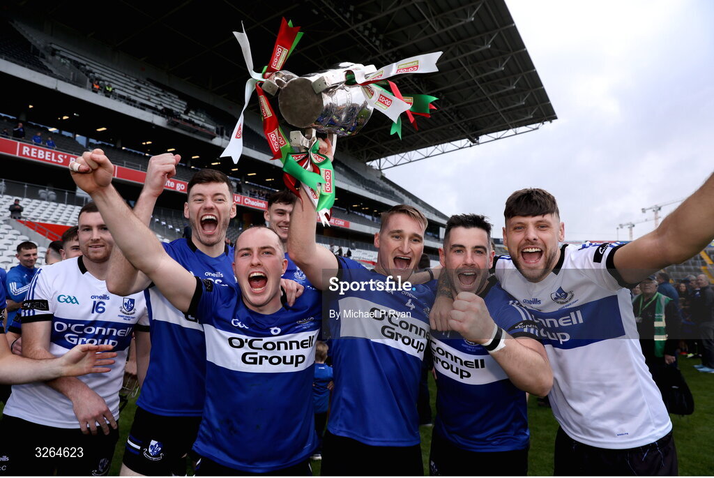 19 October 2025; Sarsfields players celebrate with the Sean Óg Murphy cup after the Cork County Senior Club Hurling Championship final match between Sarsfields and Midleton at SuperValu Páirc Uí Chaoimh in Cork. Photo by Michael P Ryan/Sportsfile
