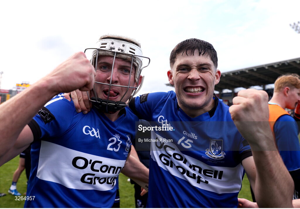 19 October 2025; Sarsfields players, from left, Ben Nodwell, and Barry O'Flynn of Sarsfields after the Cork County Senior Club Hurling Championship final match between Sarsfields and Midleton at SuperValu Páirc Uí Chaoimh in Cork. Photo by Michael P Ryan/Sportsfile