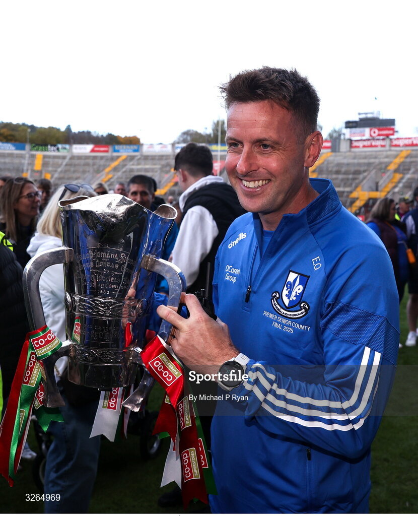 19 October 2025; Sarsfields selector Eoin Quigley with the Sean Óg Murphy cup after the Cork County Senior Club Hurling Championship final match between Sarsfields and Midleton at SuperValu Páirc Uí Chaoimh in Cork. Photo by Michael P Ryan/Sportsfile