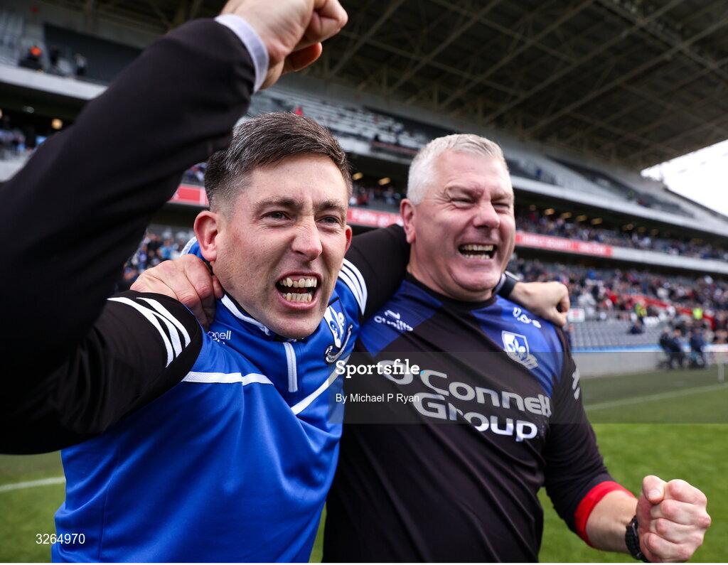 19 October 2025; Sarsfields coach Diarmuid O'Sullivan, with selector Neil Fitzpatrick after the Cork County Senior Club Hurling Championship final match between Sarsfields and Midleton at SuperValu Páirc Uí Chaoimh in Cork. Photo by Michael P Ryan/Sportsfile