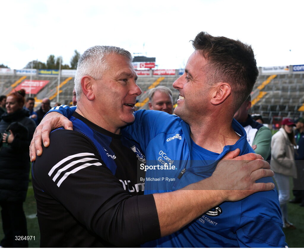 19 October 2025; Sarsfields coach Diarmuid O'Sullivan, with selector Eoin Quigley after the Cork County Senior Club Hurling Championship final match between Sarsfields and Midleton at SuperValu Páirc Uí Chaoimh in Cork. Photo by Michael P Ryan/Sportsfile