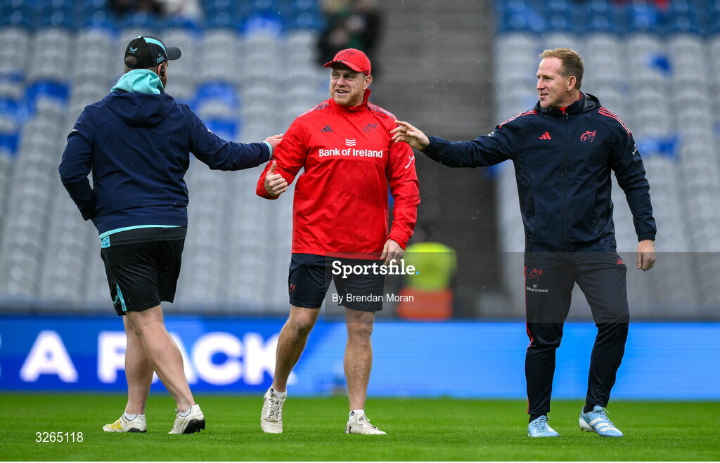 18 October 2025; Munster senior coach Mike Prendergast, right, and scrum coach Sean Cronin with Leinster contact skills coach Sean O'Brien, left, before the United Rugby Championship match between Leinster and Munster at Croke Park in Dublin. Photo by Brendan Moran/Sportsfile