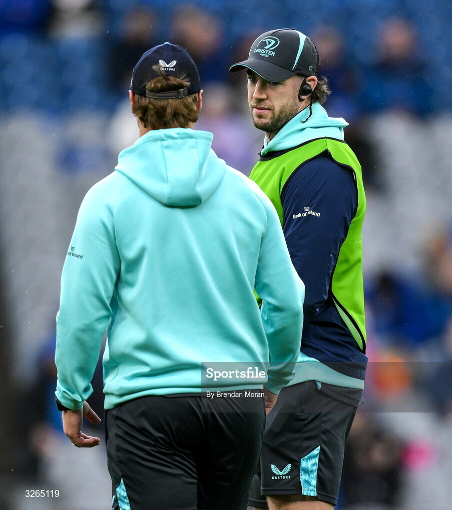 18 October 2025; Caelan Doris of Leinster, right, with assistant coach Tyler Bleyendaal during the United Rugby Championship match between Leinster and Munster at Croke Park in Dublin. Photo by Brendan Moran/Sportsfile