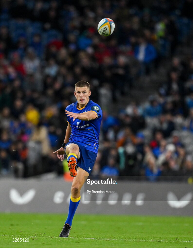 18 October 2025; Sam Prendergast of Leinster during the United Rugby Championship match between Leinster and Munster at Croke Park in Dublin. Photo by Brendan Moran/Sportsfile
