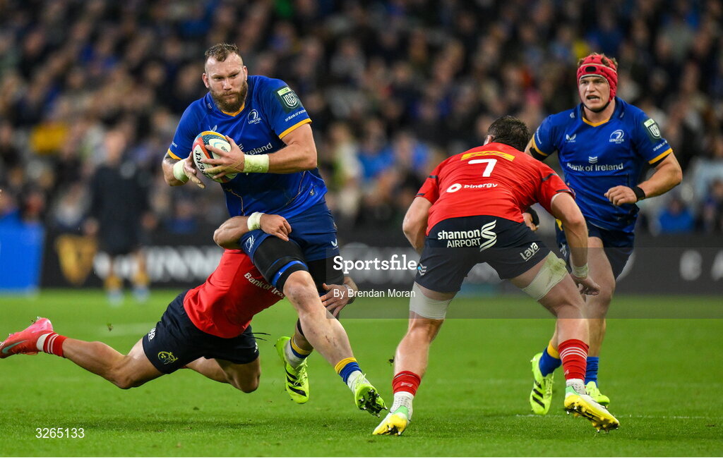 18 October 2025; RG Snyman of Leinster is tackled by Alex Nankivell of Munster during the United Rugby Championship match between Leinster and Munster at Croke Park in Dublin. Photo by Brendan Moran/Sportsfile