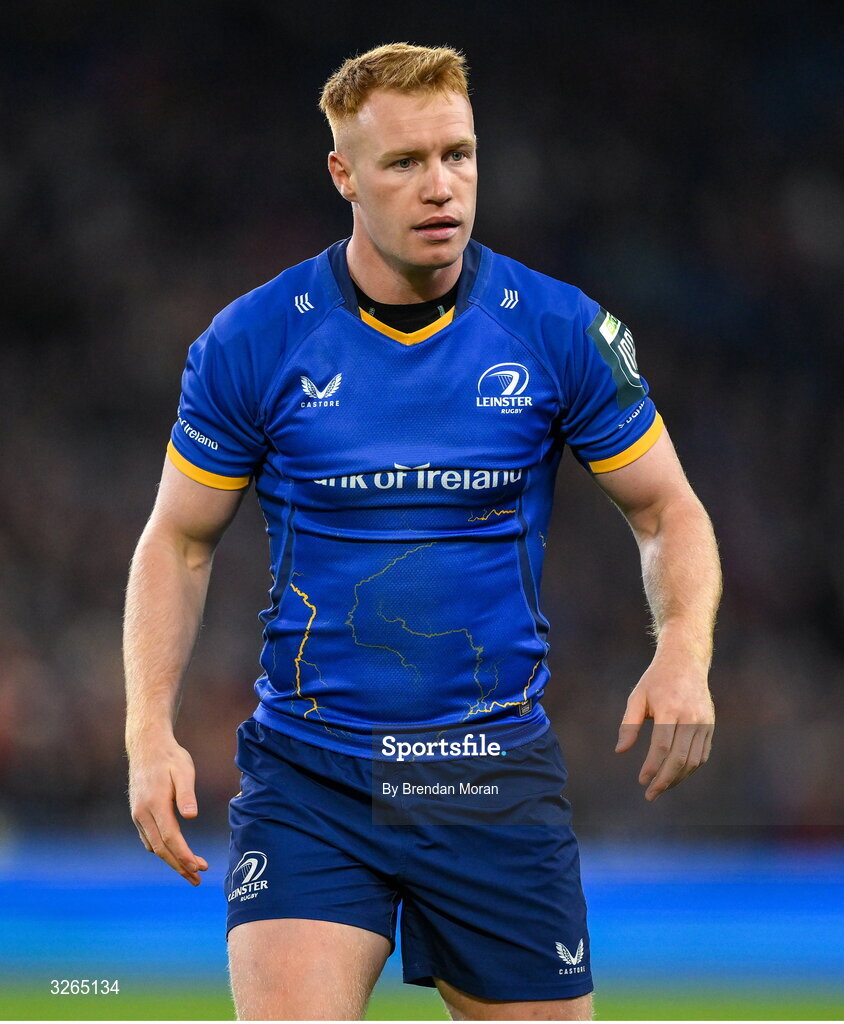 18 October 2025; Ciarán Frawley of Leinster during the United Rugby Championship match between Leinster and Munster at Croke Park in Dublin. Photo by Brendan Moran/Sportsfile