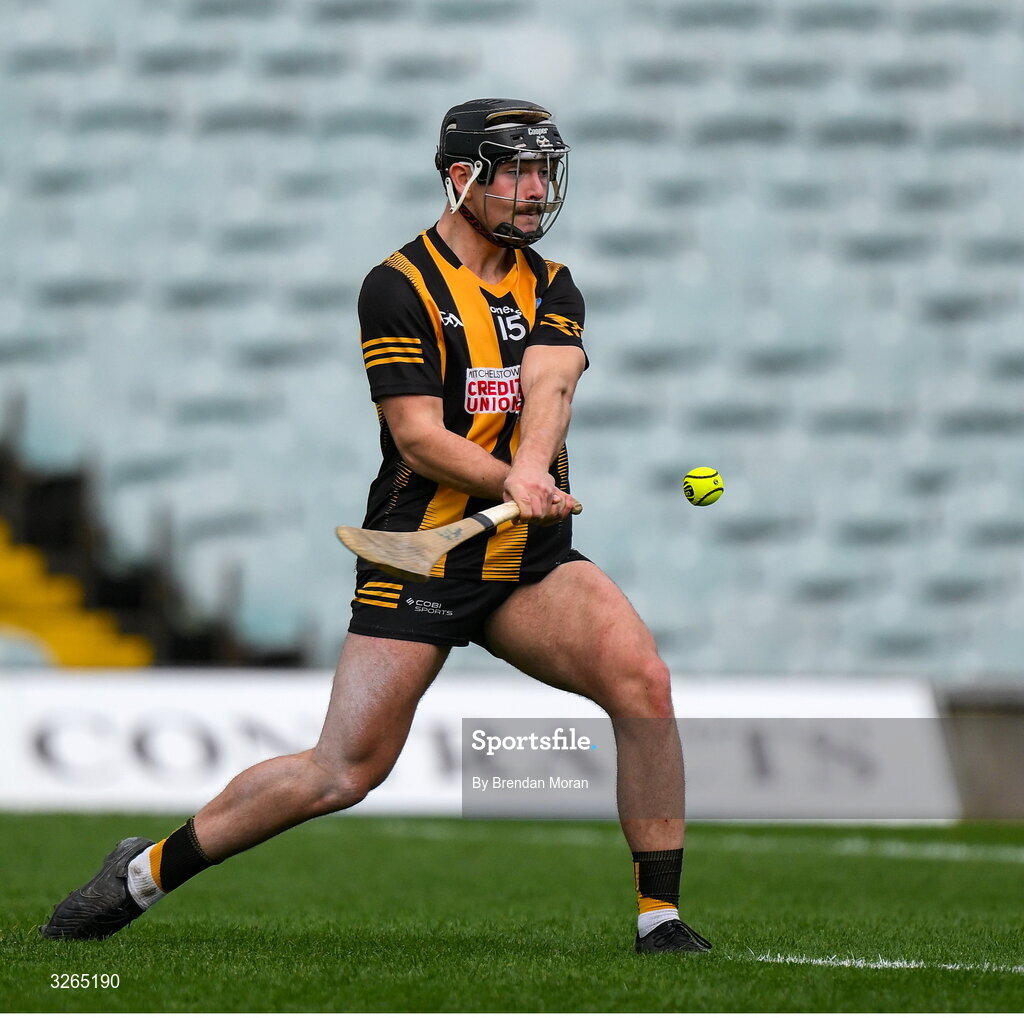 19 October 2025; Hugh Flanagan of Garryspillane scores the equalising point at the end of normal time during the Limerick Premier Intermediate Hurling final match between Garryspilane and Effin at TUS Gaelic Grounds in Limerick. Photo by Brendan Moran/Sportsfile